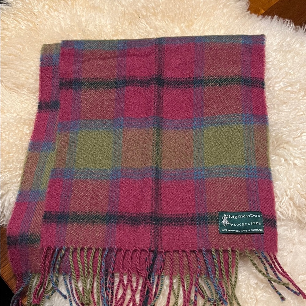Burgundy and Green Tartan Scarf by Scottish design lochcarron, new, 52x11 inch